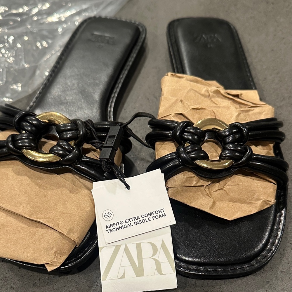 Zara Black Leather Slide Sandals with Gold Ring Accent